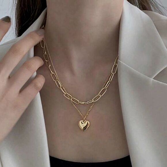SALE 18k Stamped Gold Filled Layered Heart Chain Necklace - Picture 2 of 5
